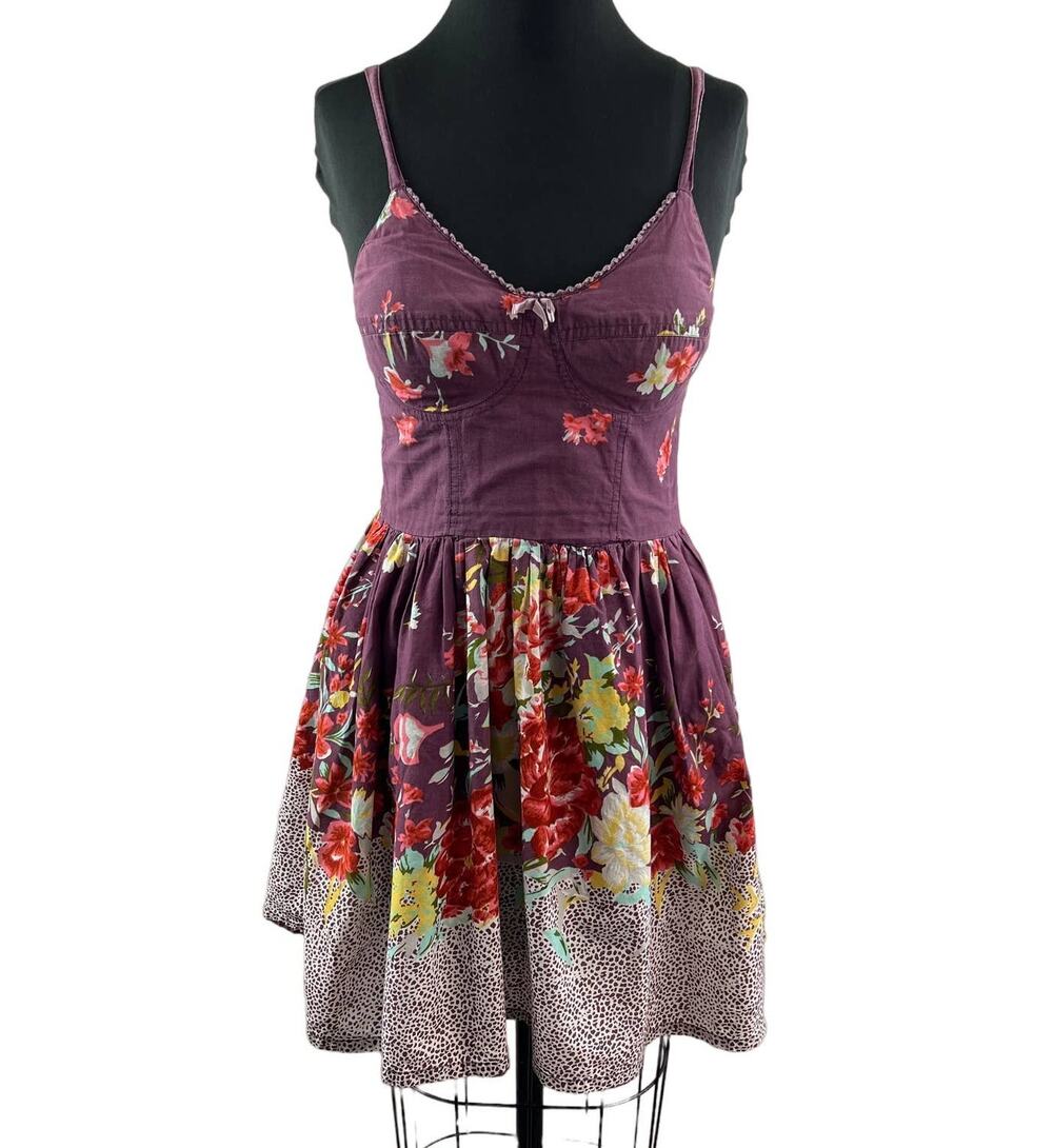 FIRE Los Angeles Purple Floral Bustier Fit & Flare Mini Dress Smocked Cotton M